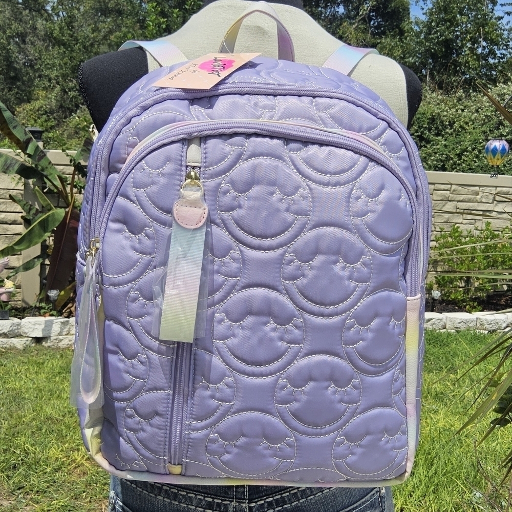 BETSEY JOHNSON PURPLE QUILTED LUV BETSEY SMILEY โบ๏ธ FACE BACKPACK - Picture 1 of 4